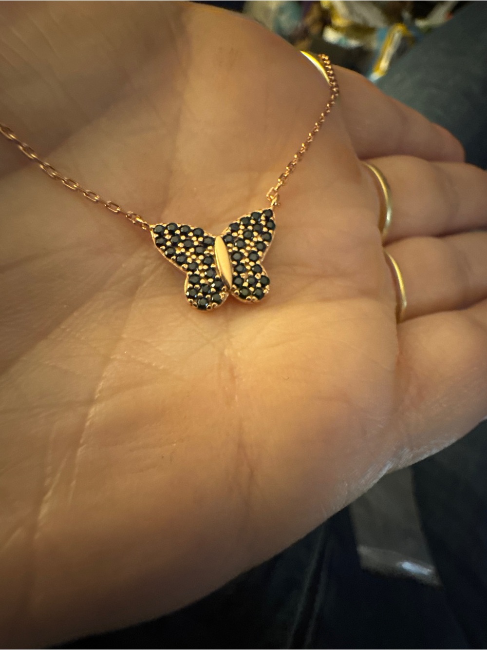 NIB Rose Gold black diamond? Cz? Butterfly pendant necklace